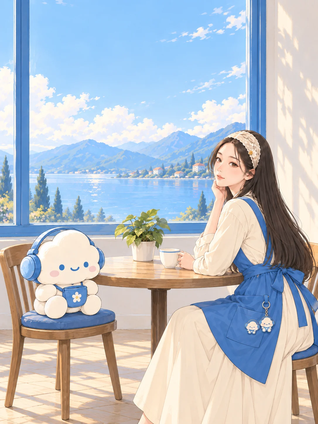 Faye and FUU in the café by the window